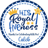 Blue prince birthday favor sticker personalized with child’s name
