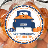 Blue pumpkin truck Thanksgiving sticker with rear view harvest design