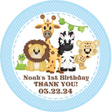 Blue safari animal first birthday sticker with lion giraffe zebra and jungle theme