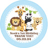 Blue safari animal first birthday sticker with lion giraffe zebra and jungle theme