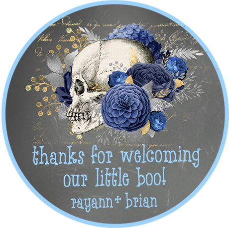 Blue skull baby shower sticker