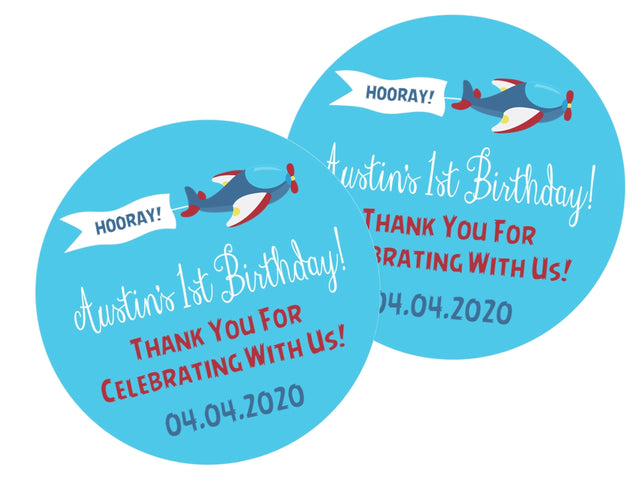 Blue sky airplane birthday sticker with banner