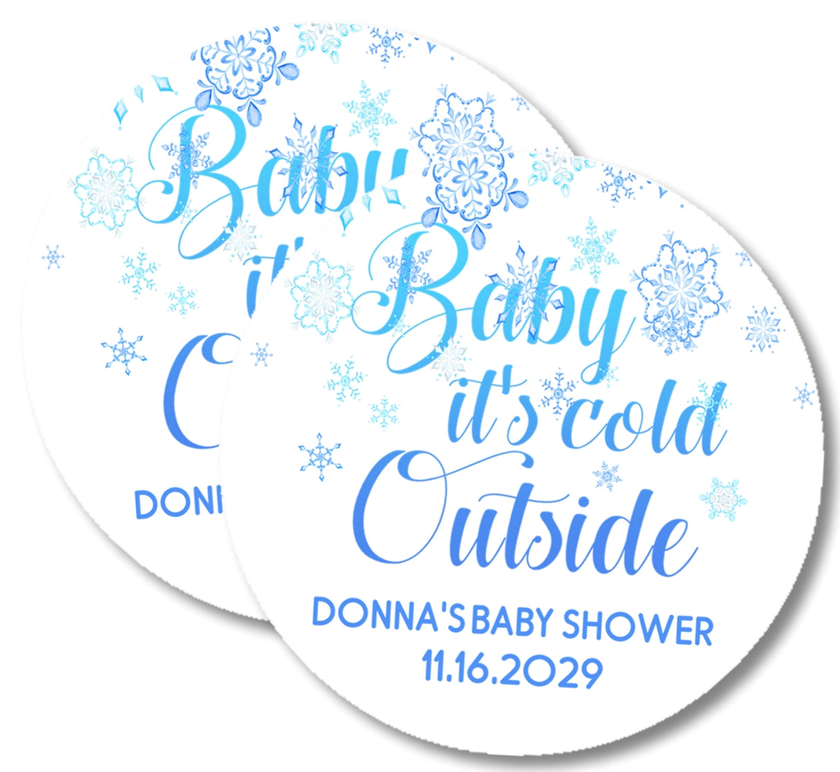 Blue snowflake baby shower label