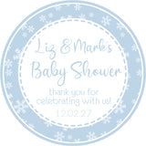 Blue snowflake baby shower sticker with soft winter pattern