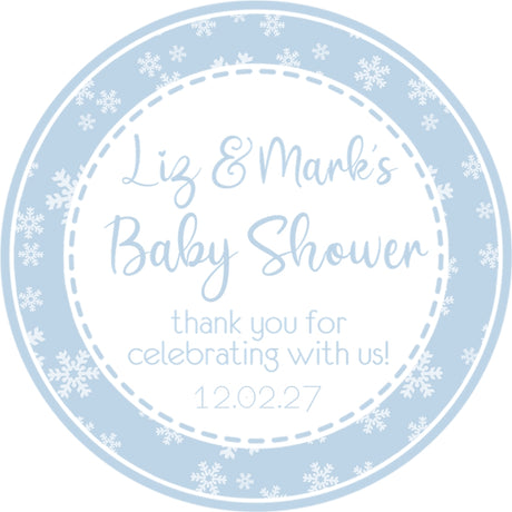 Blue snowflake baby shower sticker with soft winter pattern