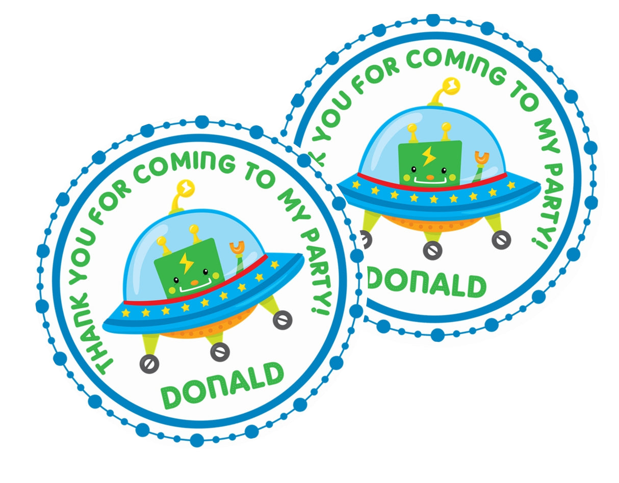 Blue spaceship and robot party favor label