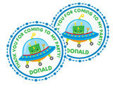 Blue spaceship and robot party favor label