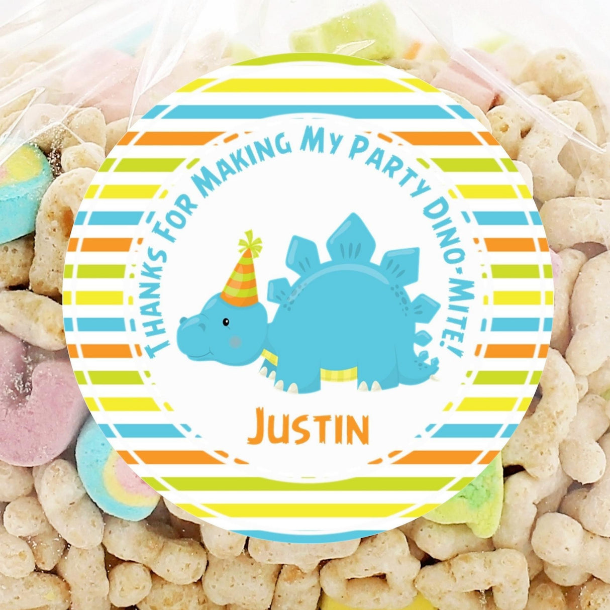 Blue stegosaurus toddler birthday sticker with party hat