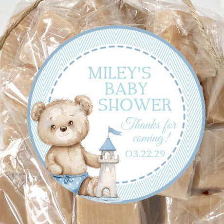 Blue teddy bear beach baby shower sticker with sandcastle