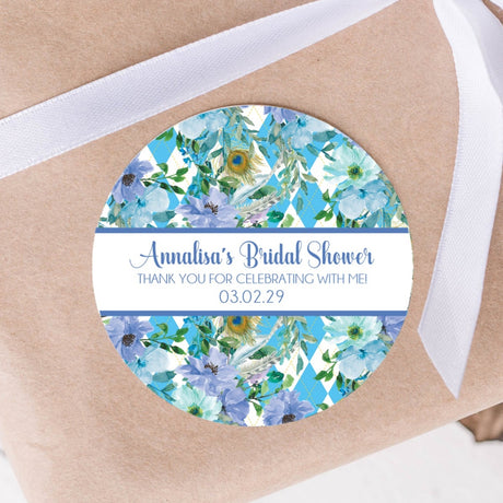 Blue tribal floral bridal shower stickers with botanical wreath design
