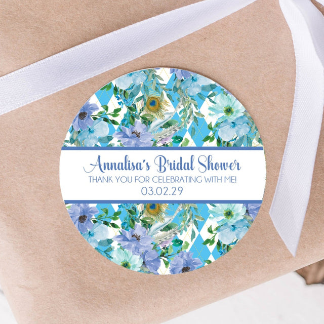 Blue tribal floral bridal shower stickers with botanical wreath design