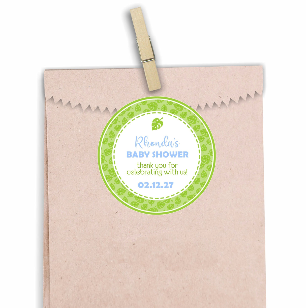 Blue tropical leaf baby shower sticker with modern monstera style