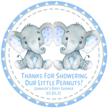 Blue twin elephant baby shower stickers for favors
