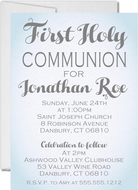 Blue watercolor First Holy Communion invitation with soft textured background