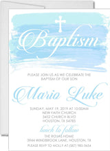 Blue watercolor baptism invitation for boys with white cross