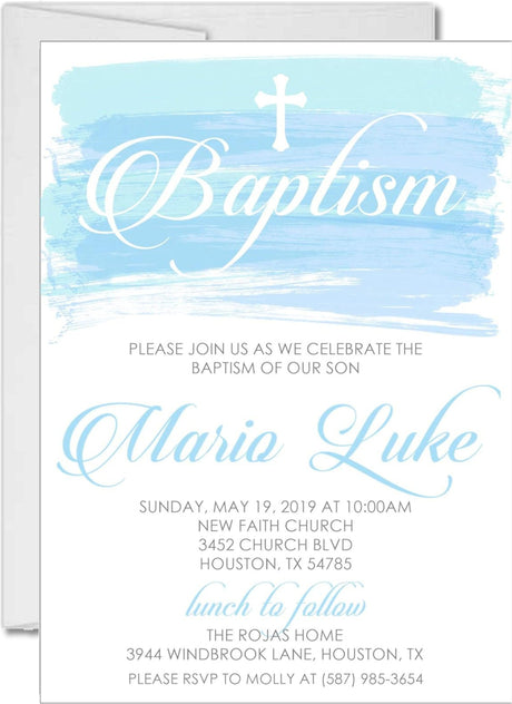 Blue watercolor baptism invitation for boys with white cross