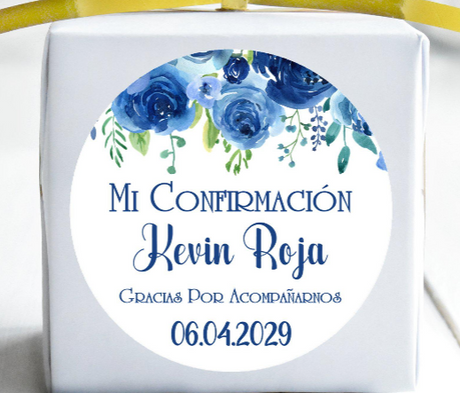 Blue watercolor floral Mi Confirmación sticker in Spanish