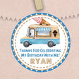 Blue watercolor ice cream truck birthday sticker with personalized name