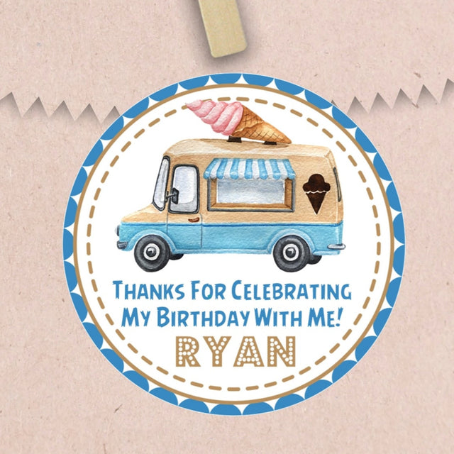 Blue watercolor ice cream truck birthday sticker with personalized name