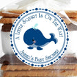 Blue whale baby shower stickers with navy border