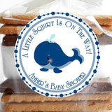 Blue whale baby shower stickers with navy border