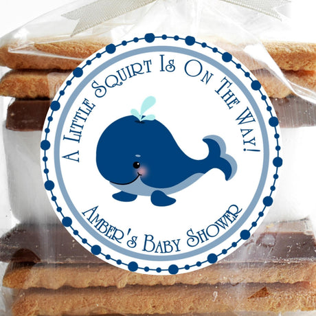 Blue whale baby shower stickers with navy border