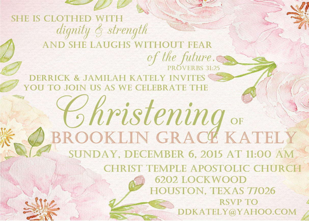 Blush and greenery christening invitation with script lettering