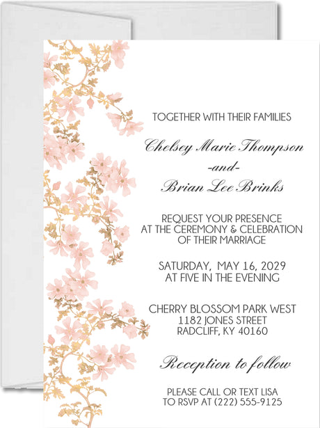 Blush cherry blossom wedding invitation with delicate pink floral branches and gold botanical accents.