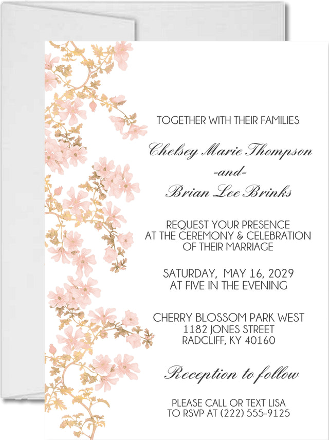 Blush cherry blossom wedding invitation with delicate pink floral branches and gold botanical accents.