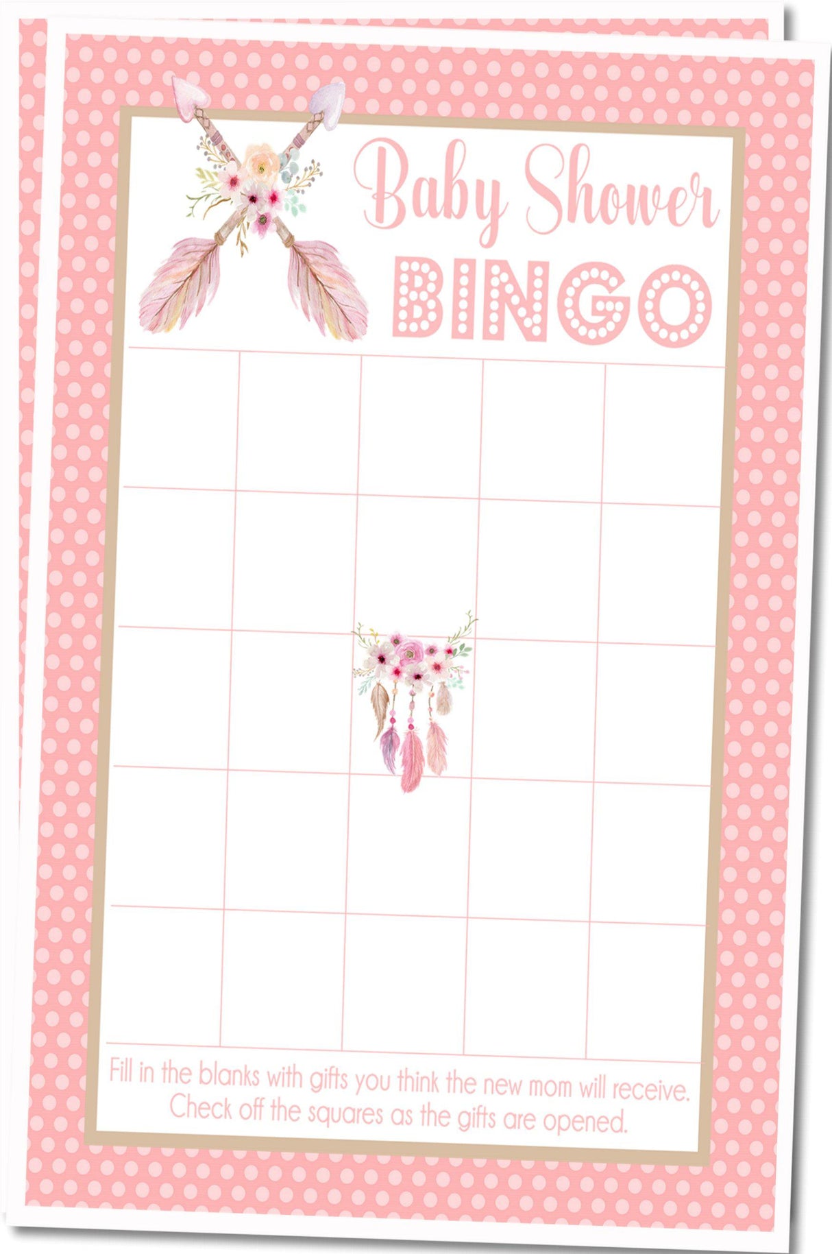 Boho girl baby shower bingo cards