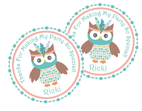 Boho owl party favor label with feathers and patterned details