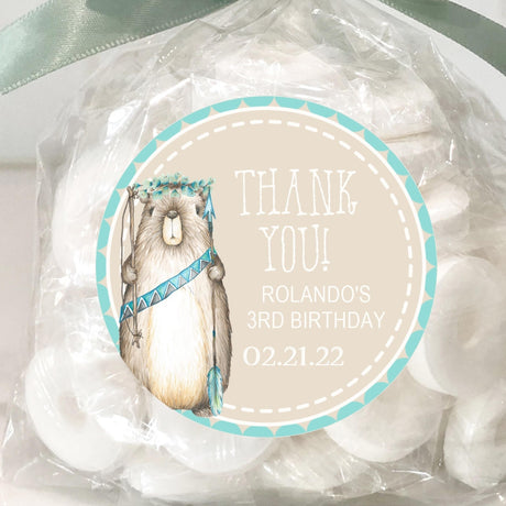 Boho woodland beaver party favor sticker in aqua and tan