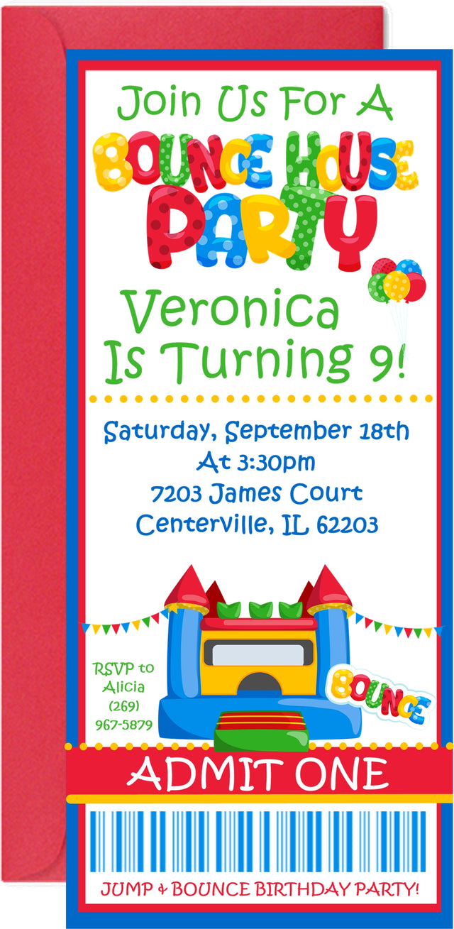 Bounce house birthday invitation featuring a colorful inflatable bounce house and ticket style design