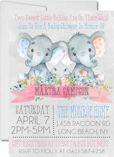 Boy Girl Twins Safari Elephant Baby Shower Invitations