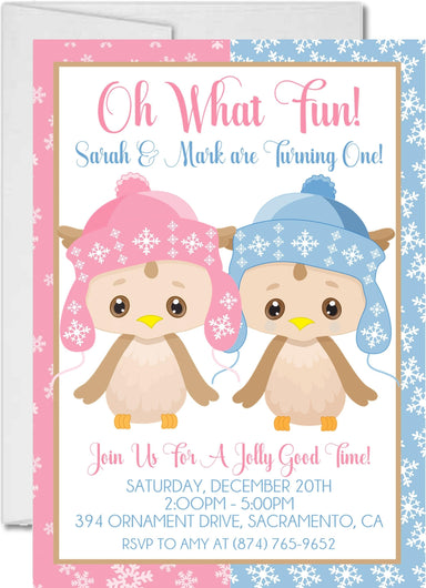 Boy Girl Twins Winter Owl 1st Birthday Invitations
