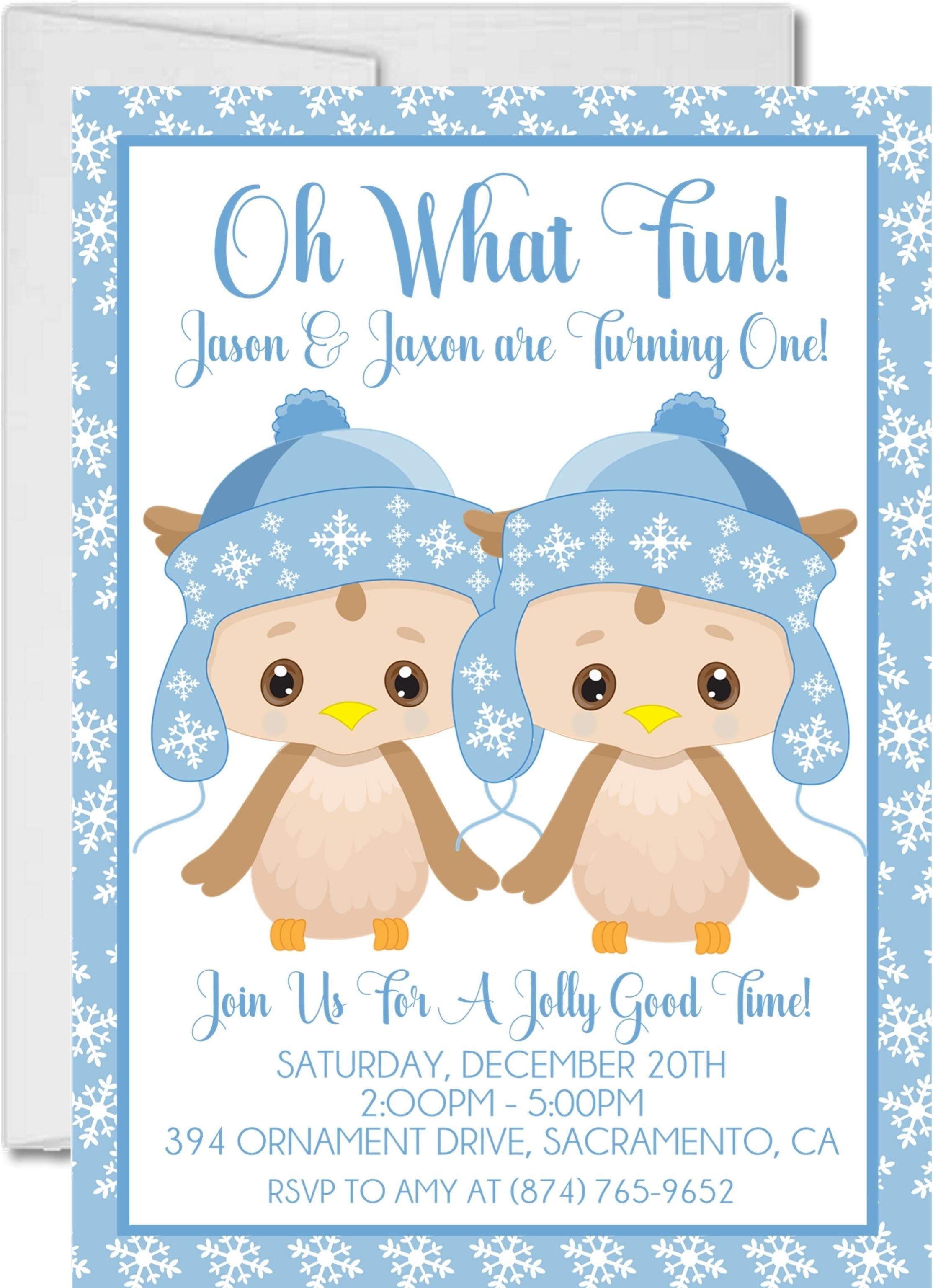 Boy Twins Winter Owl 1st Birthday Party Invitations