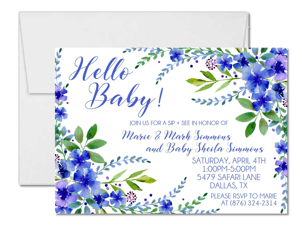 Boy Sip & See invitation with blue floral frame