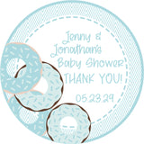 Boy baby shower favor label with blue donuts