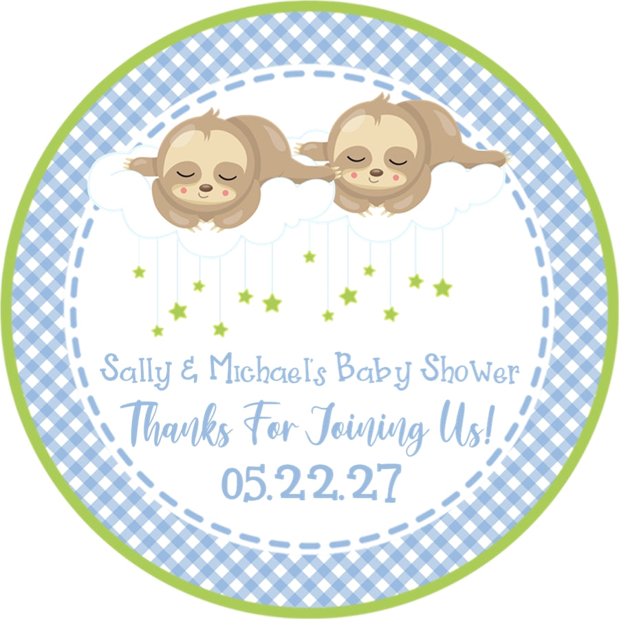 Boy baby shower favor label with sloth twins on clouds