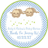 Boy baby shower favor label with sloth twins on clouds