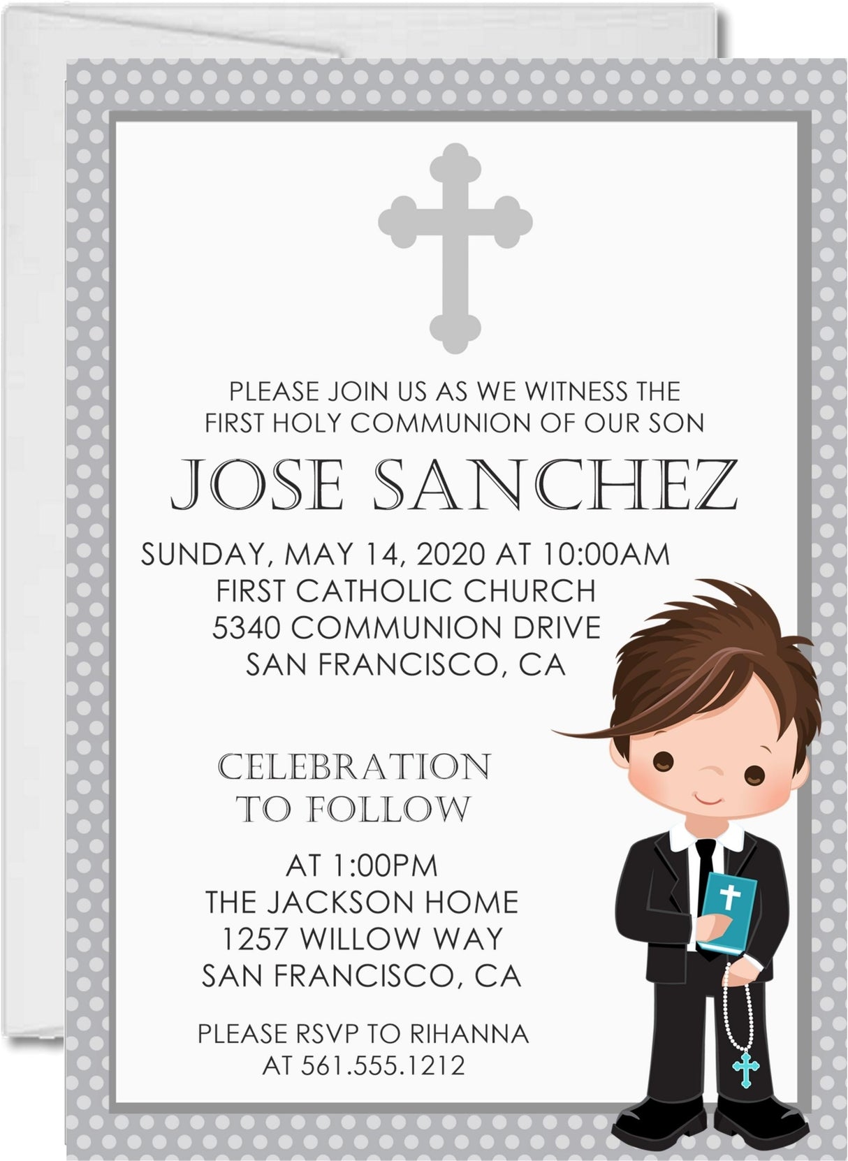 Boy first communion invitation with gray border and cross