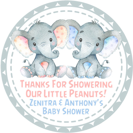 Boy girl twin elephant baby shower stickers for favors and decorations