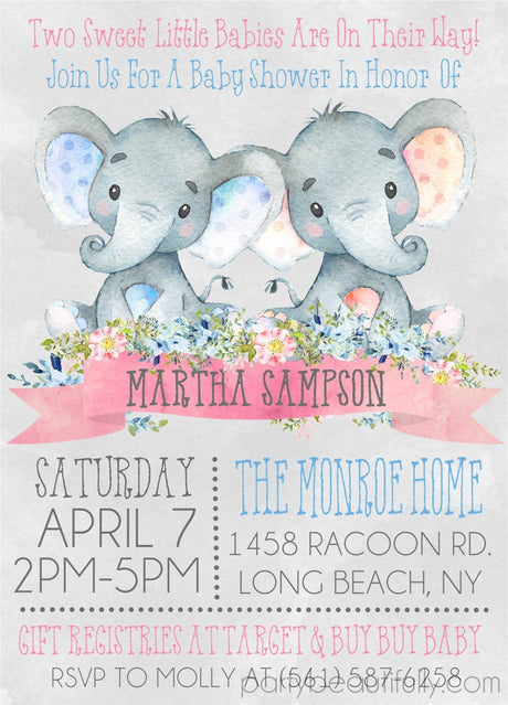 Boy girl twins elephant baby shower invitations