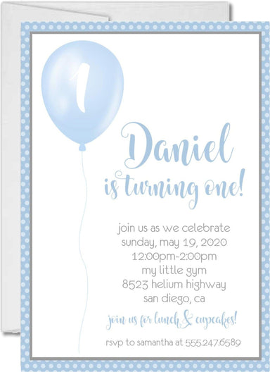 Boys Blue Balloon 1st Birthday Party Invitations