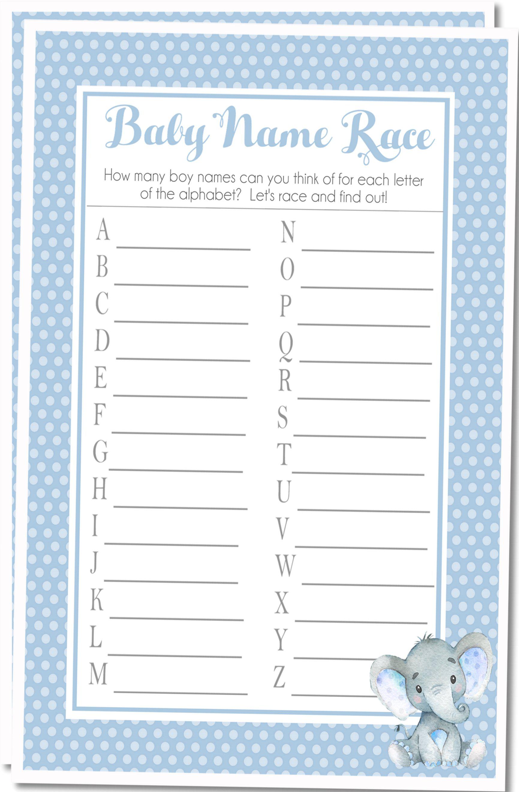Boys Elephant Baby Shower Name Race Game Cards
