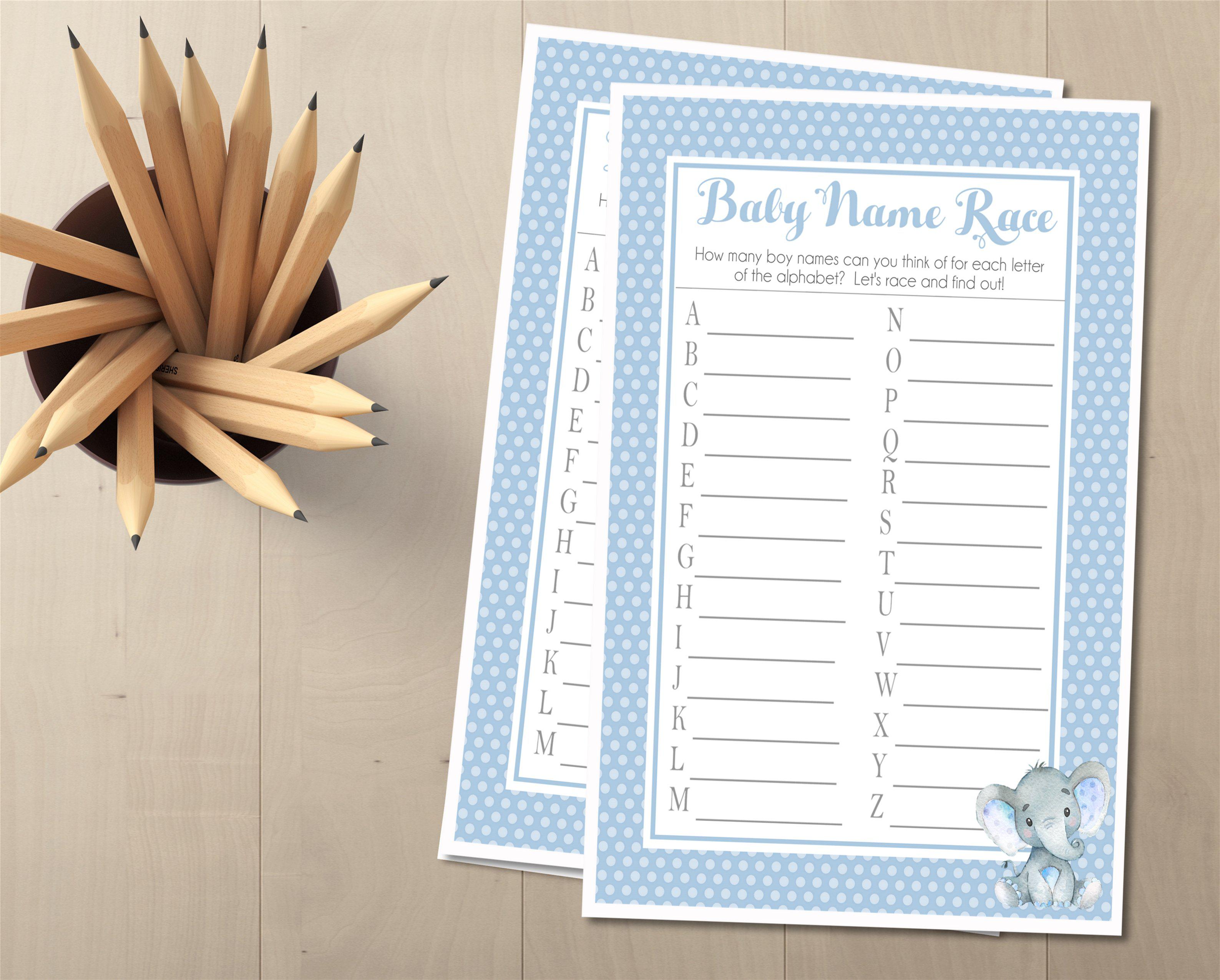 Boys Elephant Baby Shower Name Race Game Cards