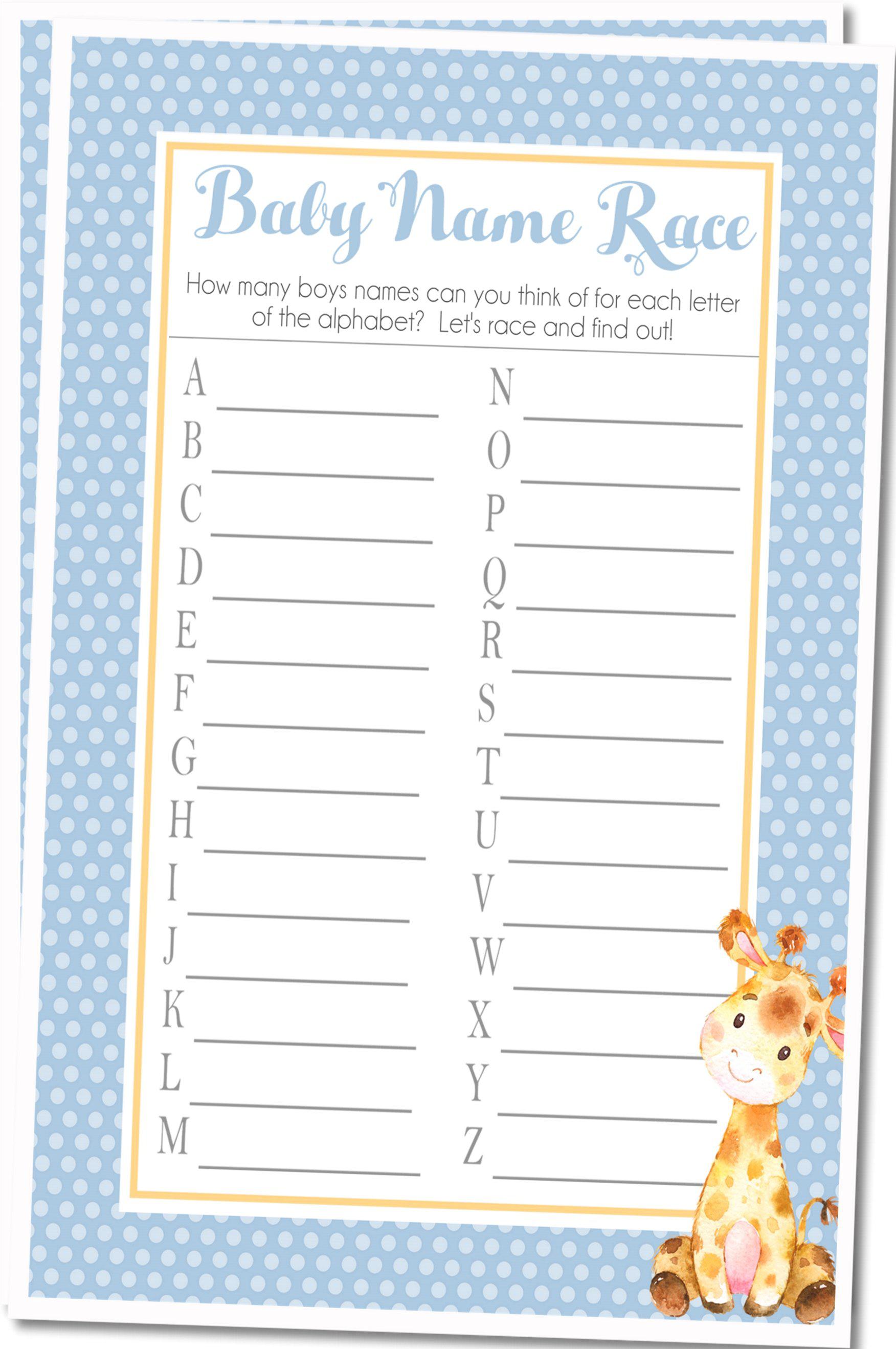 Boys Giraffe Baby Shower Name Race Game Cards