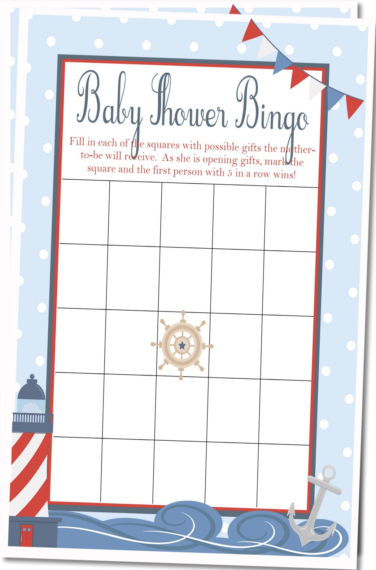 Boys Nautical Baby Shower Bingo Cards