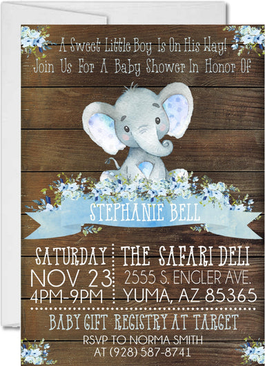 Boys Rustic Elephant Baby Shower Invitations