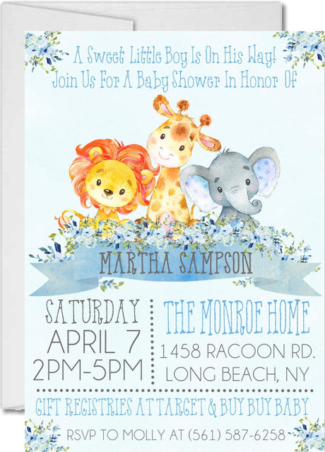 Boys Safari Animals Baby Shower Invitations